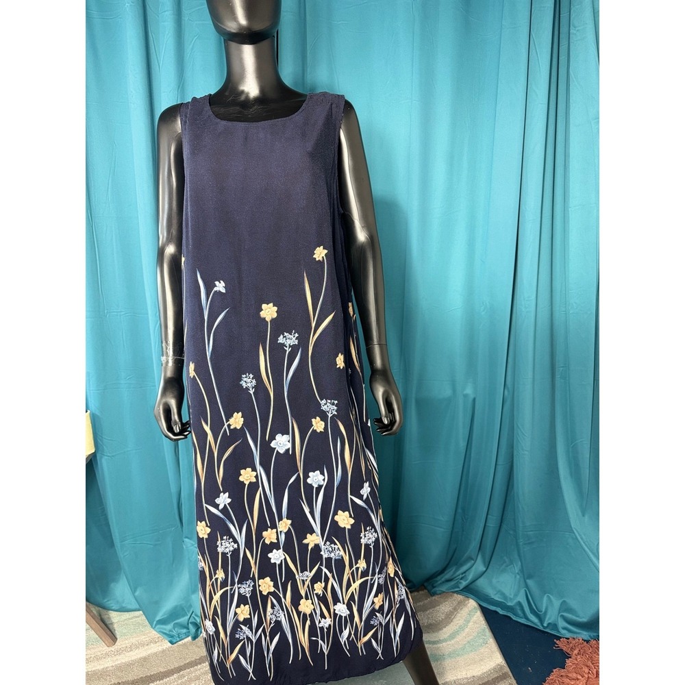 Vintage Jamie Brooke Woman Navy Floral Rayon Sleeveless Maxi Dress 18W Boho - Picture 2 of 8